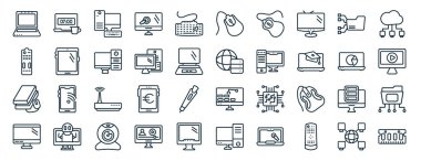 Sabah işi, TV denetleyici, bilgisayar faresi, tam bilgisayar, dizüstü bilgisayar, turta grafiği, bulut ağı, rapor için fare aygıtı simgeleri gibi çizgi biçiminde 40 düz bilgisayar simgesi kümesi,