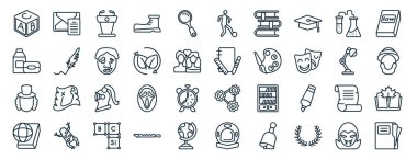 set of 40 flat education web icons in line style such as invitation, lunch, eugene onegin, browsing, desk lamp, law, soccer icons for report, presentation, diagram, web design clipart