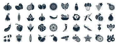 Patates, gül, patlıcan, kiraz, kayısı, guava, beyaz arkaplanda izole edilmiş roka ikonları gibi kabartma biçiminde 40 adet meyve web simgesi