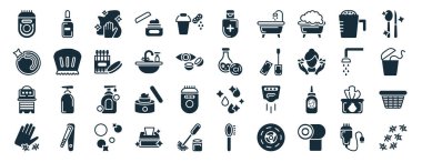 set of 40 filled hygiene web icons in glyph style such as varnish, bubble, paper towel, pathogen, douche, food hygiene, antiseptic icons isolated on white background
