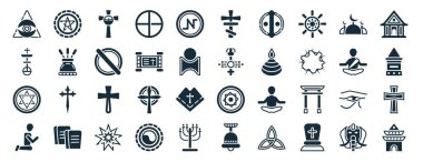 Satanizm, İsa 'nın birleşik kilisesi, küfür, müslüman, keşiş, ne maha bu, beyaz arka planda izole edilmiş ortodoks simgeleri gibi 40 dolu dini web simgesi.
