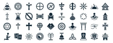 set of 40 filled religion web icons in glyph style such as satanism, united church of christ, blasphemy, muslim, monk, wat maha that, orthodox icons isolated on white background clipart