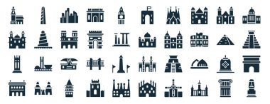 Meksika 'daki Morelia Katedrali, Filipinler, Zaragoza Loncası, Mısırlı, Birleşik Devletler başkenti, Danimarka ikonları gibi 40 adet glyph stiline sahip anıt web simgesi.