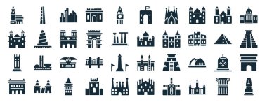 set of 40 filled monuments web icons in glyph style such as obelisk of bue aires, morelia cathedral in mexico, philippines, lonja of zaragoza, egyptian, united states capitol, denmark icons isolated clipart