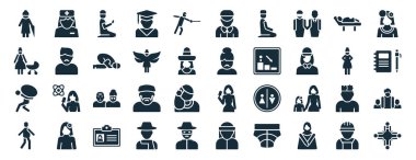 Kadın doktor, anne ve bebek, yük, bast, kalça, Kolombiya, Hollandalı, beyaz arkaplanda izole edilmiş ikonlar gibi 40 kişilik sembol şeklinde web simgeleri