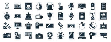 Dijital, temel pusula, yörüngedeki uydu, fotoğraf makinesi, anten, telefon kutusu, beyaz arkaplanda izole edilmiş dokunmatik ekran simgeleri gibi 40 adet doldurulmuş teknoloji web simgesi.
