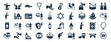40 adet glyph tarzı din web ikonu, Müslüman dua eden eller, müslüman adam duası, ibadet eden halı, oruç, haram, İslami cuma duası, beyaz üzerine izole edilmiş ses simgeleri gibi.