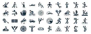 Kırk adet spor web ikonu, rinkball, at yarışı, servis horozu, kar motosikleti sporu, yelkenli sporu, kickball, sumo simgeleri, beyaz arka planda izole edilmiş sumo simgeleri gibi.