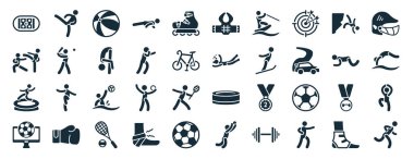Taekwondo, karate antrenmanı yapan iki adam, trambolinden atlayan bir adam, futbol kanalı, çömelme, beyzbol kaskı, göğüs koruyucusu simgeleri gibi 40 adet spor web ikonu.