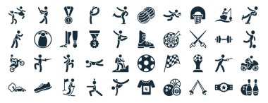 40 adet spor web ikonu, glyph tarzında, yumruk, motokros, drift araba, ağırlık çubukları, buz pateni, beyaz arka planda izole edilmiş spor topu ikonları gibi.