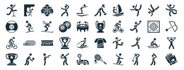 set of 40 filled sports web icons in glyph style such as climber, ball pool, man riding bike, sport trophy, null, winning the race, american football player picking the ball icons isolated on white clipart