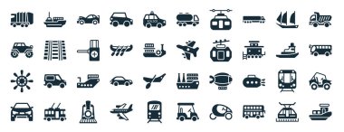 Buzkıran gemisi, tüm arazi, gemi dümeni, araba ön görünümü, römorkör, çekiş, beyaz arka planda izole edilmiş tanker simgeleri gibi 40 adet glifli ulaşım ağı simgesi