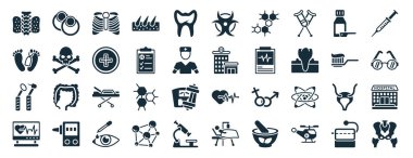 Yuvarlak küpe, ölü, dişçi aleti, tıbbi kalp taraması, diş macunu ile fırça, ilaç enjektörü, biyolojik uyarı simgeleri gibi 40 adet dolgulu tıbbi ağ simgesi.
