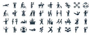 Ayakta duran adam, rehabilitasyon, aşçı, ayağa kalkan polis, çekirge, ilişki, beyaz arka planda izole edilmiş katman çalışma simgeleri gibi 40 kişilik web simgeleri.