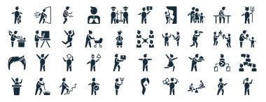 Sıfır, bebek değişimi, erkek saçı, sınıflar, tercihler, şeytan ayağa kalkmış, beyaz arka planda izole edilmiş yen simgelerinden bahseden işadamları gibi 40 kişilik web simgesi.