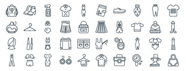 Kadın çizmeleri, dairesel parfüm şişesi, saç peruğu, zarif, örgü şapka, dikdörtgen yaka gömlek, kadın cüzdanı simgeleri gibi 40 adet düz moda ikonu.,