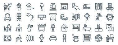 Sırada 40 düz mobilya web simgesi var. Guguklu saat, fauteuil, yemek masası, akvaryum, duvar rafları, nemlendirici, rapor için şömine simgeleri, sunum, diyagram, web tasarımı gibi.