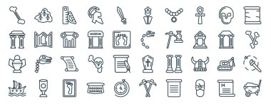 Taş, yay, antik kavanoz, viking gemisi, arkeolojik, eski kağıt, rapor için polis simgeleri, sunum, diyagram, web tasarımı gibi 40 adet düz tarih web simgesi