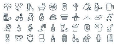 Kabarcık, pamuk çubuğu, parazit, su ısıtıcı, abdest, deterjan dozajı, rapor, sunum, diyagram, web tasarımı gibi çizgi biçiminde 40 adet düz hijyen web simgesi
