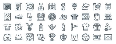 Gazete, plan, tişört, spor çantası, çorap, futbol kulübü, haber için yorumcu simgeleri, sunum, diyagram, web tasarımı gibi 40 adet düz futbol web simgesi