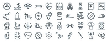 Koşu bandı, meyve suyu, plaklar, tıbbi damlalar, spermatozoon, nabız, rapor, sunum, diyagram, web tasarımı gibi 40 adet düz sağlık ve tıbbi web simgesi