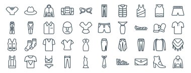 Erkekler şapkası, işaret fişeği pantolonu, yelek, basketbol forması, yün eldiven, boksör, rapor için oxford dalgası pantolon ikonu, sunum, diyagram, web gibi 40 adet düz giysi ikonu.