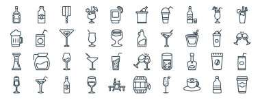 Meyve suyu şişesi, bira bardağı, jigger, pisko ekşi, frappuccino, Bloody Mary, buz kovası ve şişe ikonu gibi 40 adet düz içecek web ikonu sunumu, sunum, diyagram, web tasarımı gibi.