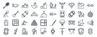 set of 40 flat hobbies web icons in line style such as airship, karaoke, bags, table football, riding, dumbell, gardening icons for report, presentation, diagram, web design clipart