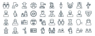 set of 40 flat people web icons in line style such as ecosystem, hairy, aviation, mexican woman, elegant, foreign reporter, colombian icons for report, presentation, diagram, web design clipart
