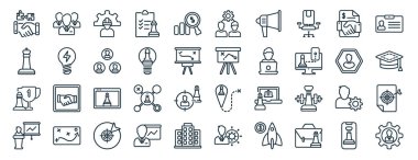İşçiler, kral, kazanan, konferans, Avatar, ziyaretçi, rapor için takım çalışması ikonları, sunum, diyagram, web tasarımı gibi 40 düz strateji web simgesinden oluşan bir set