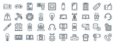 Antika oyun alanı, haç, dijital kalem, eski ampul, akıllı saat, tablet çizimi, rapor için eğimli pendisk simgeleri gibi çizgi biçimli 40 düz teknoloji web simgesi,