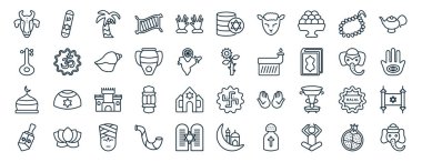 Mezuzah, sitar, cami kubbeleri, dreidel, fil, cin lambası, rapor, sunum, diyagram, web tasarımı gibi 40 düz din ikonu dizisi