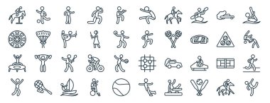 Kickball, dart tahtası, trambolin, maraton, snooker, dalış sporu, rapor için aerobik ikonları, sunum, diyagram, web tasarımı gibi çizgi tarzında 40 düz spor ikonu.