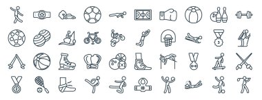 Şampiyonluk kemeri, futbol topu, folyo, ikincilik ödülü, üçüncülük, ağırlıklı barlar, rapor için basketbol sahası ikonları, sunum, diyagram, web gibi çizgi tarzı 40 düz spor ikonu.