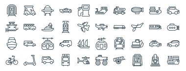 set of 40 flat transportation web icons in line style such as golf cart, caboose, boat front view, vintage bicycle, monorail, compact car, pt boat icons for report, presentation, diagram, web design clipart