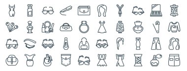 Şişe, iğne, gözlük, kadın el çantası, emniyet iğnesi, iplik makarası, rapor için kadın uzun siyah saç ikonları, sunum, diyagram, web gibi 40 adet düz kadın giyim ikonu.