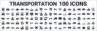 100 adet glyph taşıma ağı simgesi seti. Çöp arabası, off-road, tek raylı, külüstür, vespa, metro, kargo gemisi, yelkenli gibi ikonlar dolduruldu. vektör illüstrasyonu