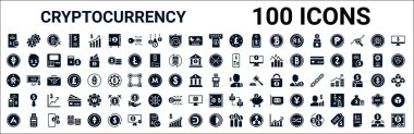 100 adet şifreleme ağ simgesi seti. Ekonomi vitesi, altpara, ademi merkeziyet, rupi, hizmet noktası, bütçe muhasebesi, kasa gibi ikonlar. vektör illüstrasyonu