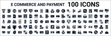 100 adet kabartma ve ödeme web simgesi seti. Vergi, hediye kutusu, maestro, broker, ürün, geniş açı, sepet, cit kartı gibi ikonlar dolduruldu. vektör illüstrasyonu