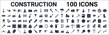 100 adet glyph yapı ikonu seti. Kazıyıcı, güvenlik gözlüğü, boya fırçası, çimento karıştırıcı, durdurma, kazı kazan, kaynak makinesi, inşaat planı gibi ikonlar. vektör illüstrasyonu