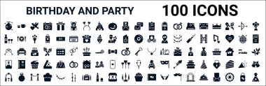 100 glyph doğum günü seti ve parti web simgeleri. Abur cubur, düğün şarabı, romantik müzik, parti, aşk anahtarı, düğün fotoğrafı, selfie, kek gibi ikonlar. vektör illüstrasyonu