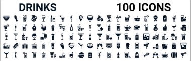100 kabartma içki ikonu seti. Açılış konuşması, son söz içeceği, nar martini, mai thai, margarita, su testisi, şarap tostu, sahilde seks gibi ikonlar. vektör illüstrasyonu
