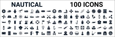 100 adet denizcilik simgesi seti. Sürat teknesi, tekne vidası, noktalı denizyıldızı, kayık, okyanus dalgaları, oksijen tankı, dürbün, trireme gibi ikonlar. vektör illüstrasyonu