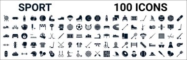 100 adet spor simgesi seti. Spor gözlükleri, kar motosikleti sporu, kickball, rallycross, antrenman, vücut geliştirme, karate, rafting gibi ikonlar. vektör illüstrasyonu