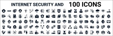 100 kabartma internet güvenliği ve web simgesi seti. Merkez, veri kilitleme, dosya paylaşımı, kare, mikroçip, bot, sabit disk, sabit disk gibi ikonlar dolduruldu. vektör illüstrasyonu