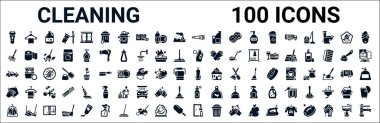 100 kabartma temizlik ikonu seti. Askı temizleyicisi, yapraklar, demir temizleyici, temiz araba, krem temizleyici, temizlik spreyi, cam temizleyici gibi ikonlar. vektör illüstrasyonu