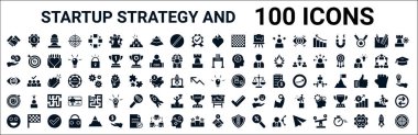 100 glyph başlangıç stratejisi ve web simgesi seti. İlk olarak, komisyon, bitiş çizgisi, vizyon, fikir, hedef, strateji çizimi, ortaklık gibi ikonlar dolduruldu. vektör illüstrasyonu