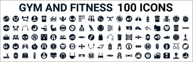 100 tane glyph spor salonu ve fitness web ikonu seti. Baskı, silindir, atlama ipi, spor çantası, kolsuz, steroid, kürek çekme makinesi, fitness vucudu gibi ikonlar. vektör illüstrasyonu