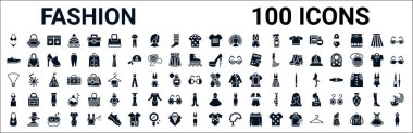 100 tane sembolik moda ikonu seti. Moda el çantası, ayakkabı kenarı görünümü, topuk, aksesuar, bandaj, siyah elbise, bez, tulum gibi ikonlar. vektör illüstrasyonu