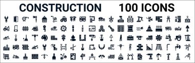 100 adet glyph yapı ikonu seti. Kapılar açık, çekici kamyonu, büyük bina, derrick, büyük kürek, eğimli mıknatıs, çapraz bayraklar. vektör illüstrasyonu
